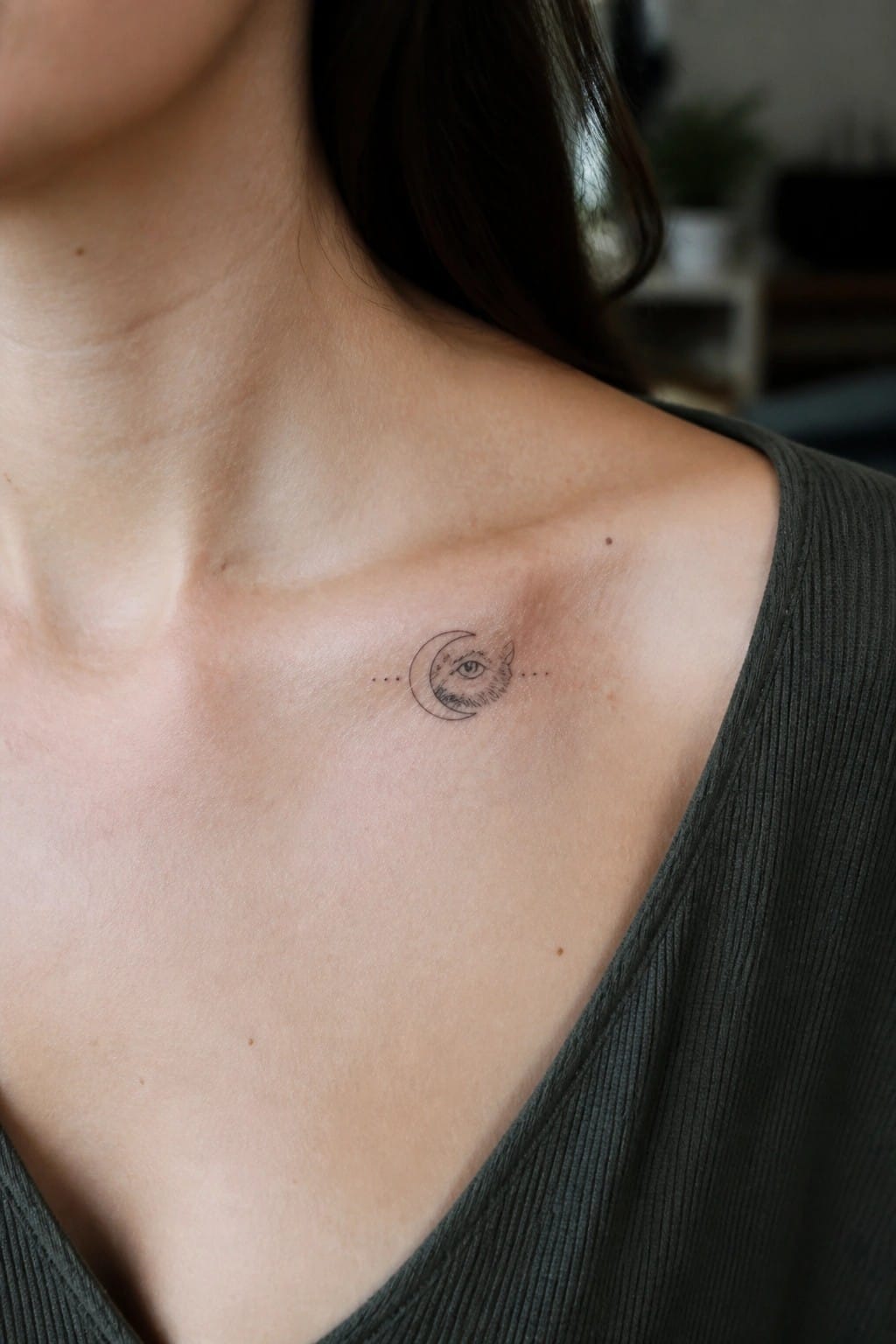 Crescent moon and eye tattoo on collarbone above dark green top