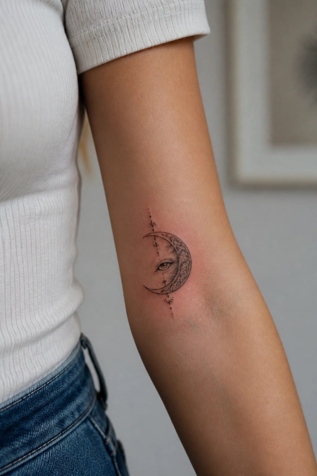 Fine line crescent moon tattoo with an eye on the upper arm