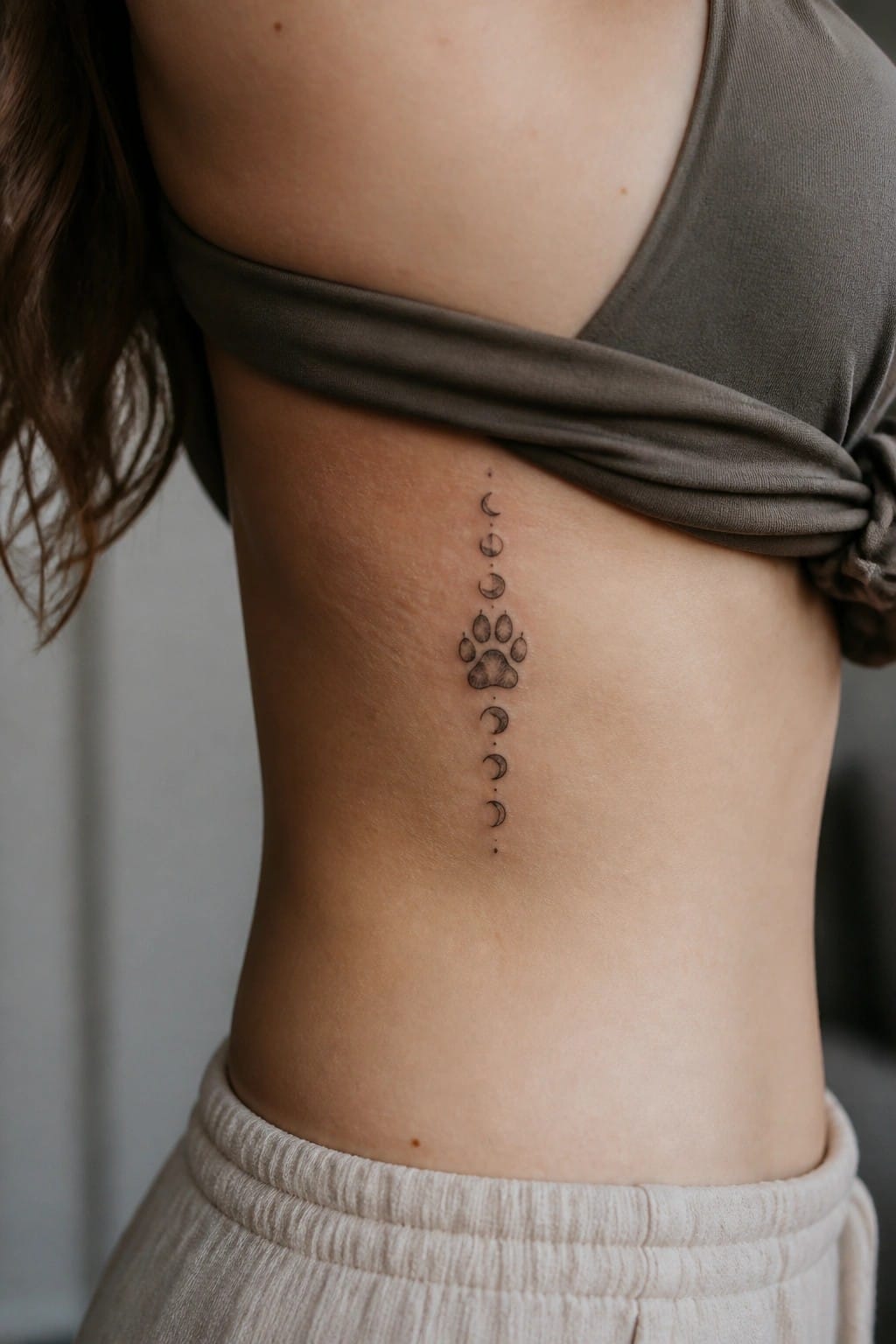 Moon phase and paw print tattoo on torso beside tied gray top