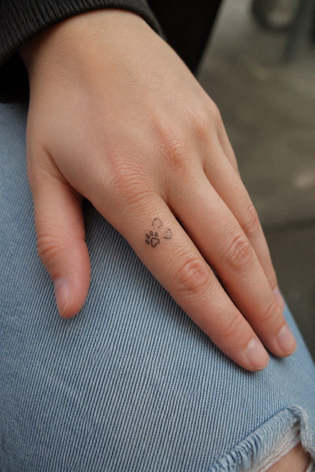 Hand with small paw print tattoo resting on blue denim jeans