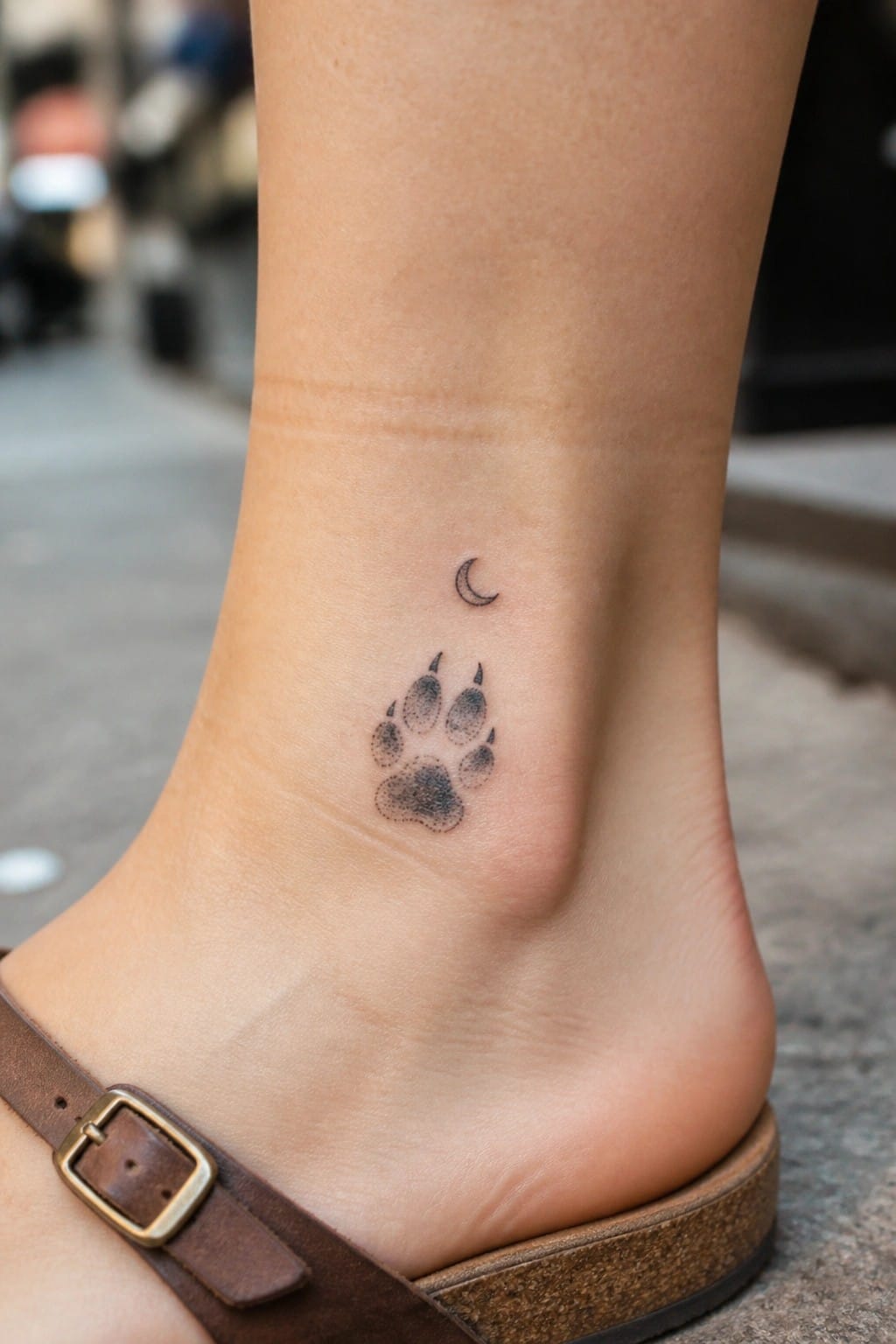 Close-up of ankle with bear paw print tattoo and small crescent moon, brown sandal.