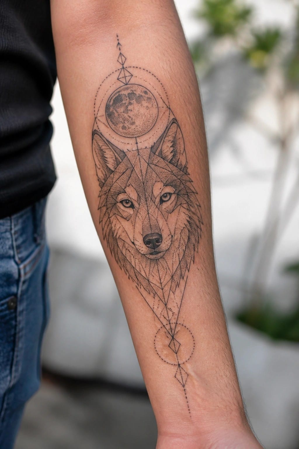 Geometric wolf and moon tattoo on forearm of person in black shirt and jeans