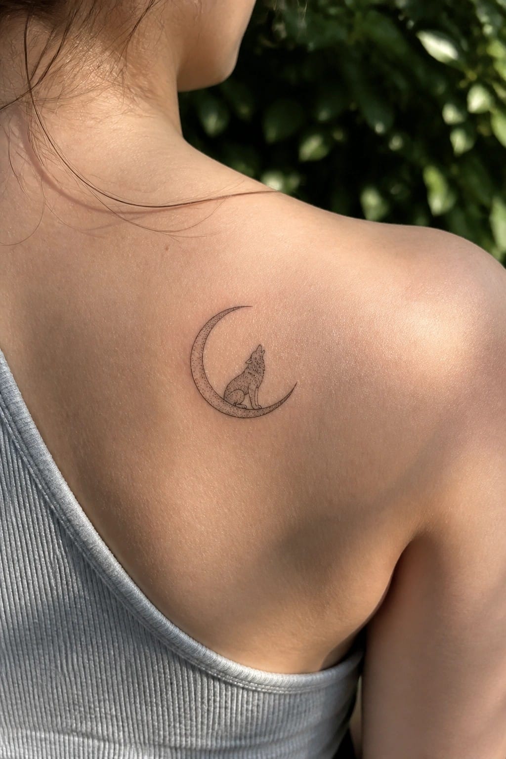 Wolf howling on crescent moon tattoo on shoulder above gray tank top