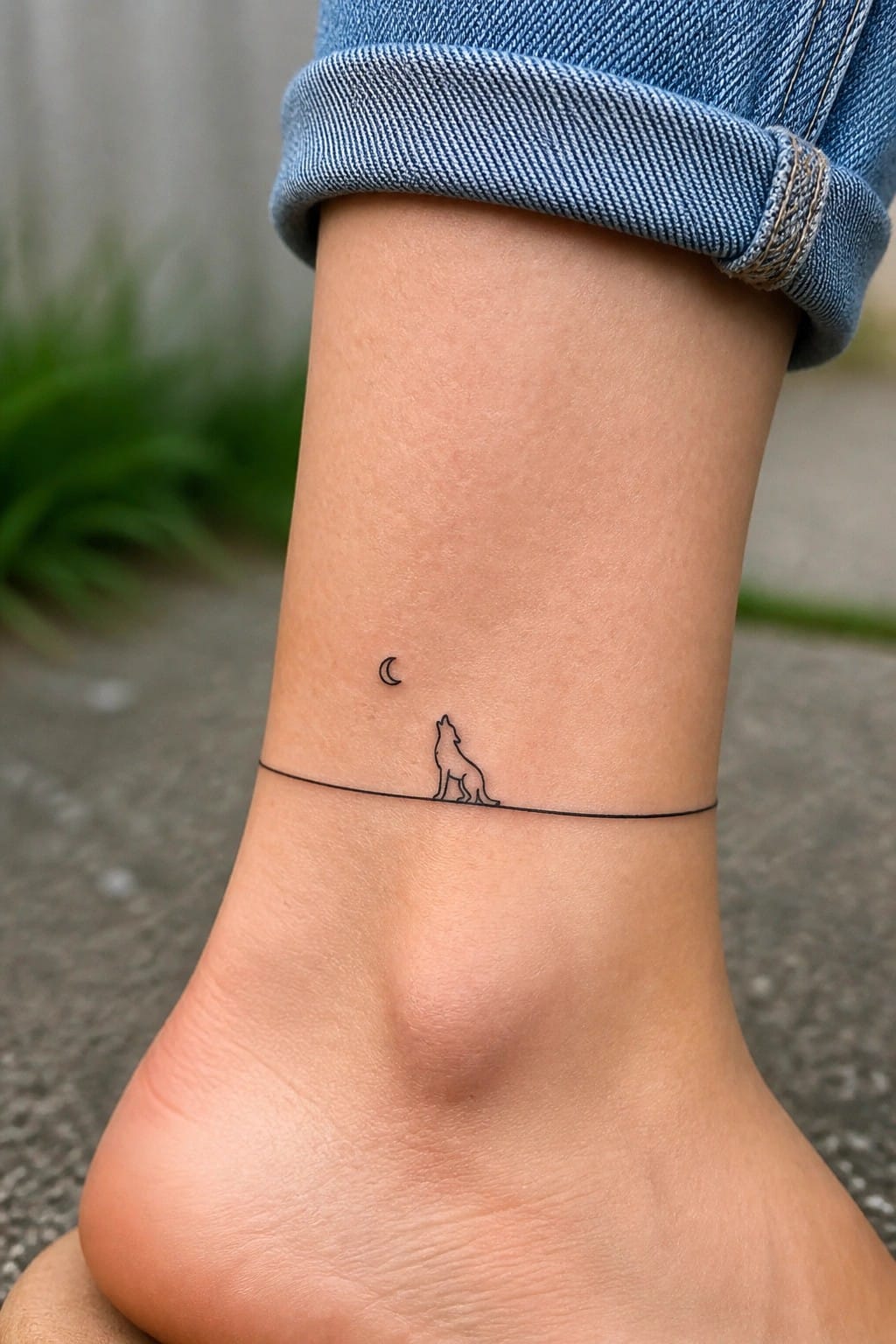 Minimalist black ink tattoo showing a wolf silhouette and crescent moon separated by a thin horizontal line on the ankle