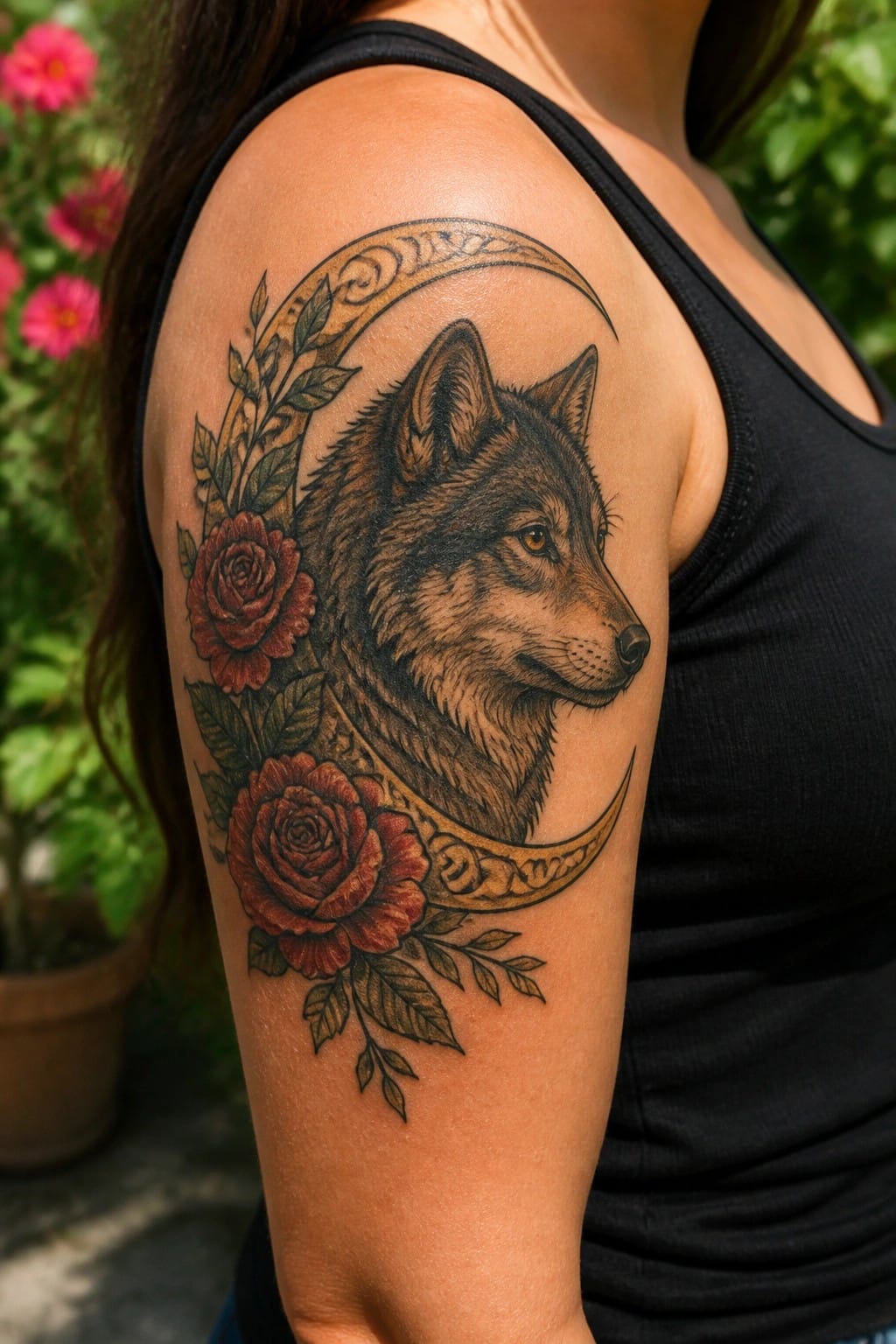 Woman's shoulder in black tank top with wolf crescent moon and red rose tattoo