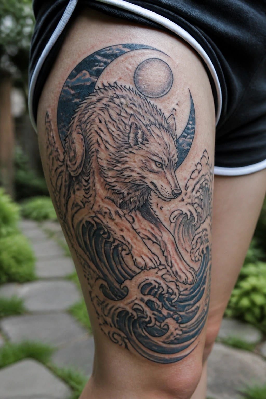 Wolf tattoo on thigh with waves, full moon and crescent moon.