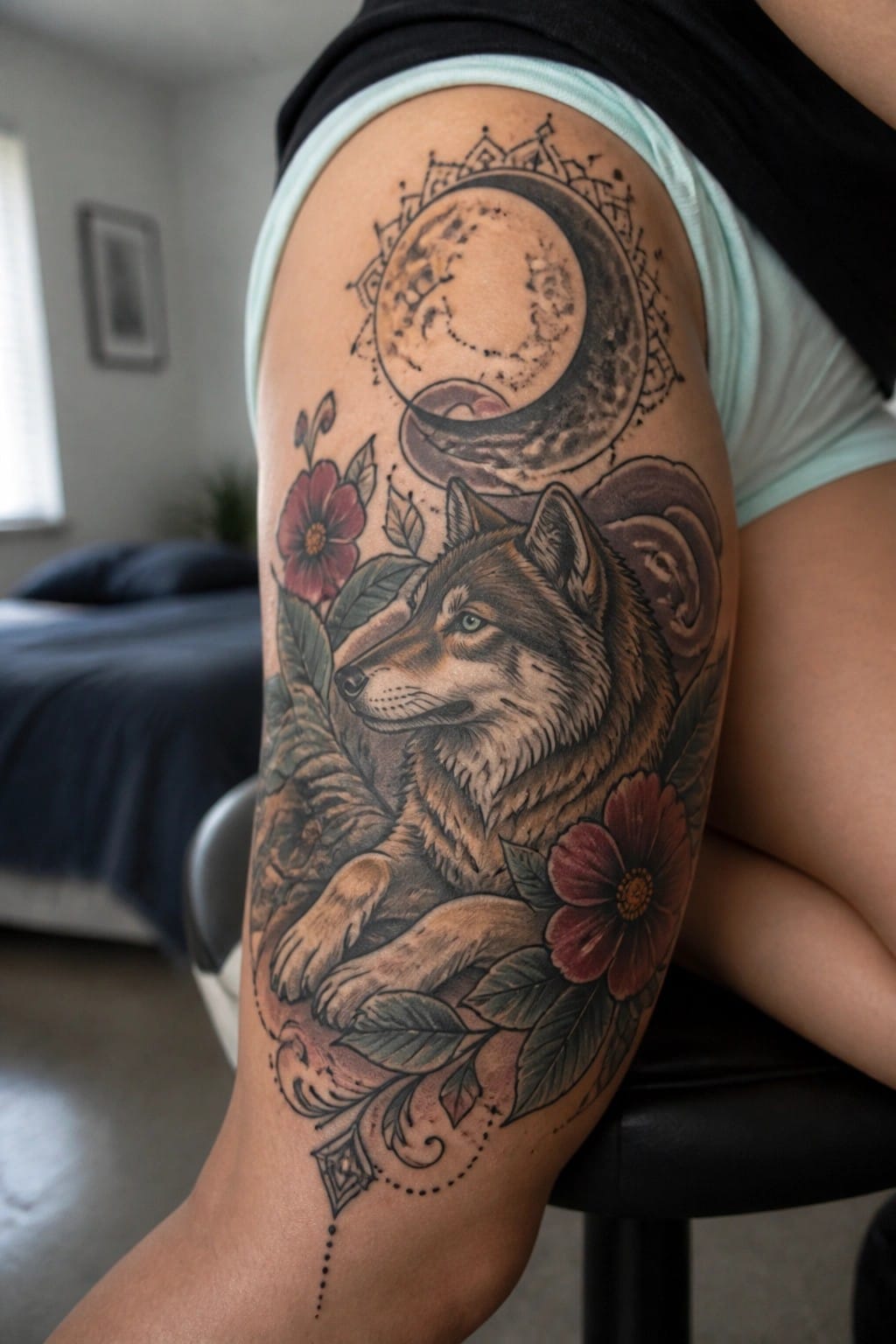 Large thigh tattoo showing a realistic wolf beneath a crescent moon with flowers and leaves around it.