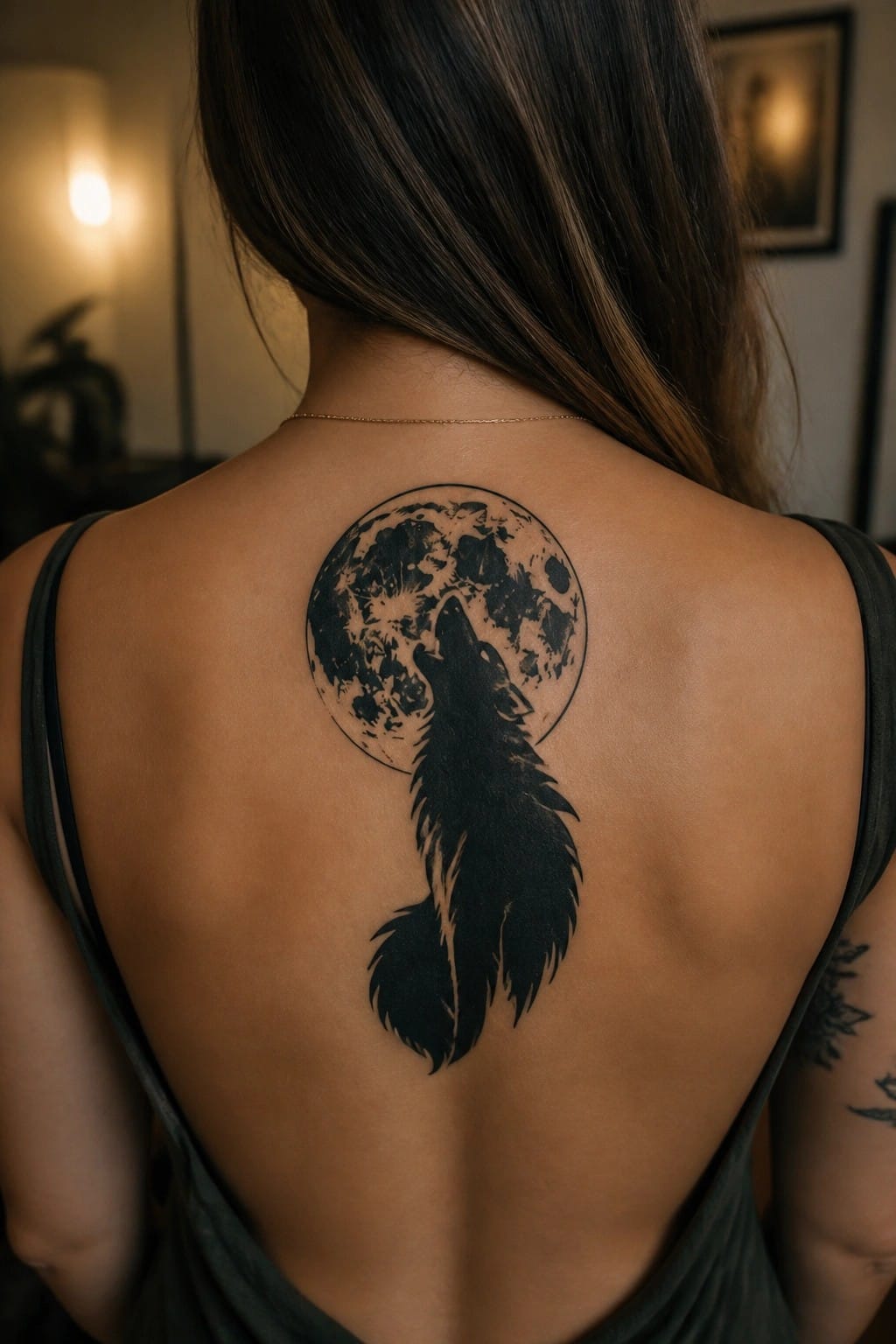 Black wolf silhouette howling in front of a shaded full moon tattoo centered on a woman's upper back.