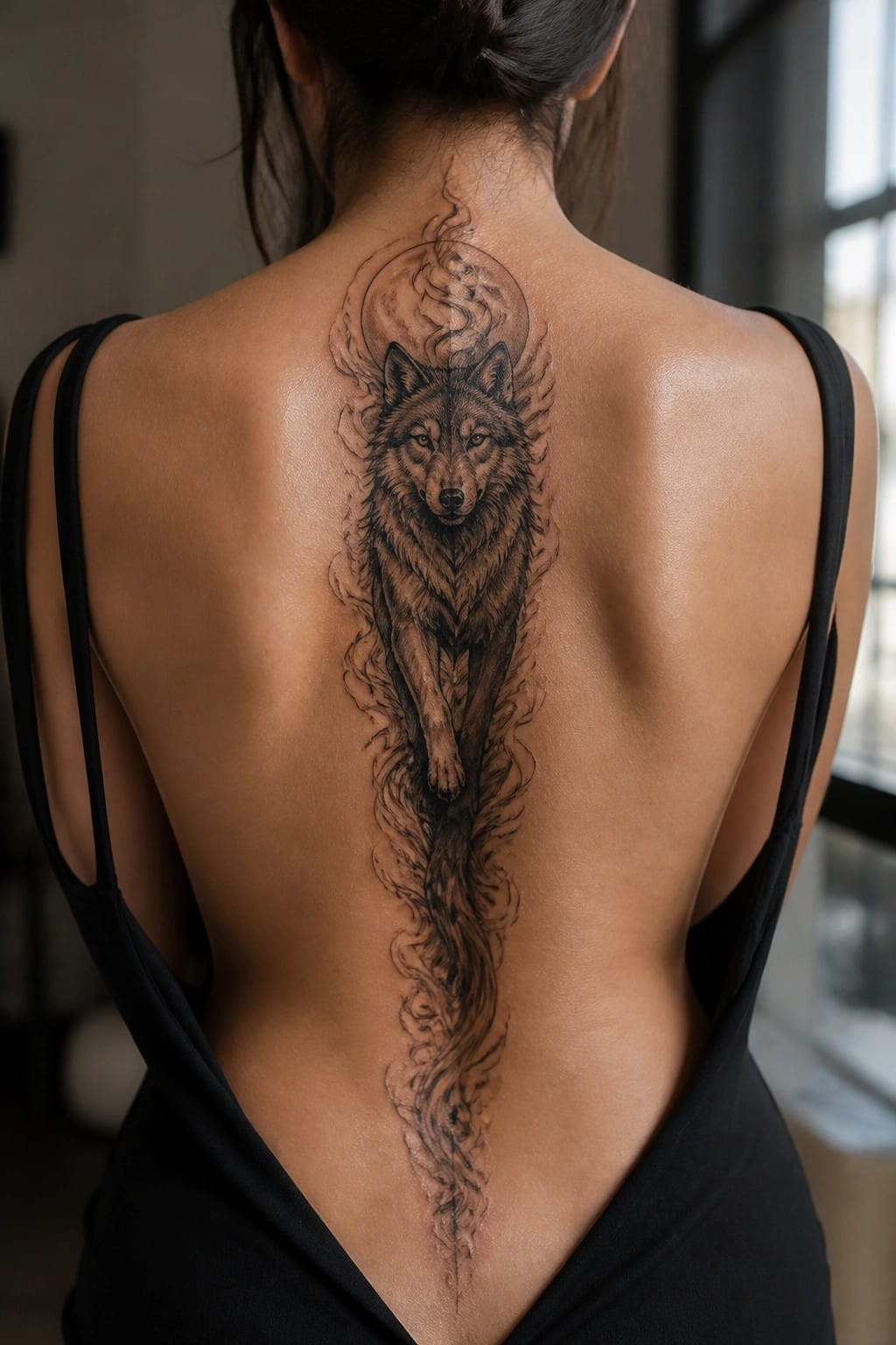 Large black and grey wolf tattoo on a woman's back with a moon above and smoke trailing down the spine.
