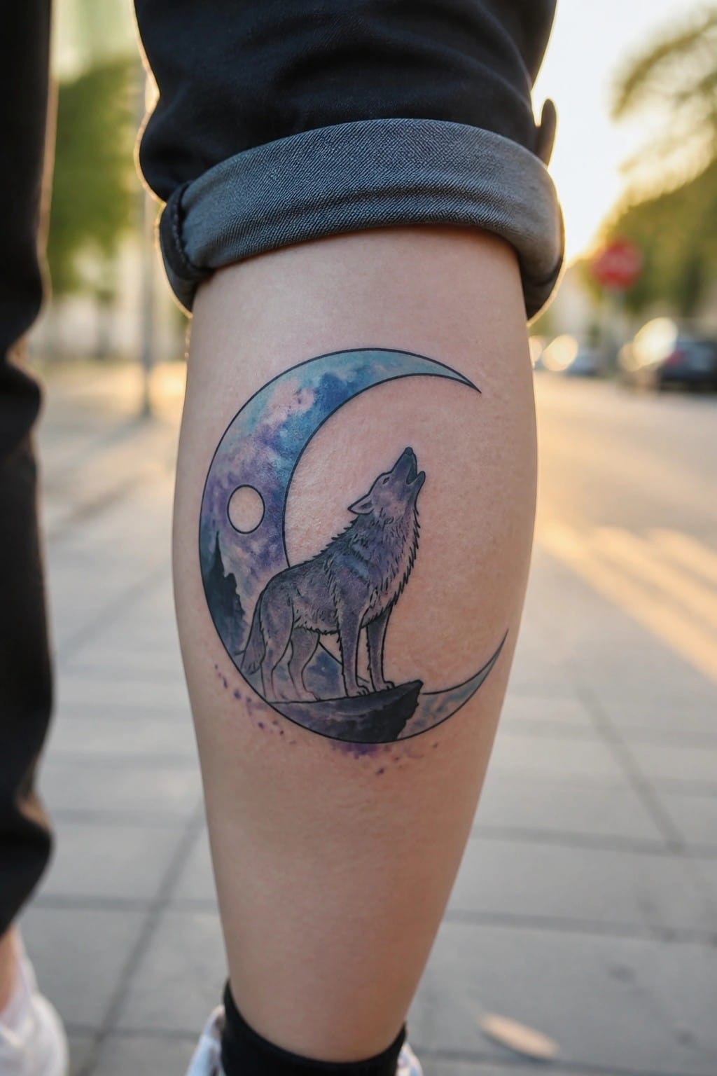 Watercolor wolf and moon tattoo on the thigh showing a howling wolf inside a crescent moon with galaxy colors