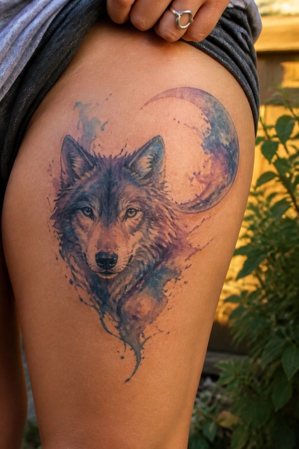Watercolor wolf head and crescent moon tattoo on thigh under lifted gray shorts