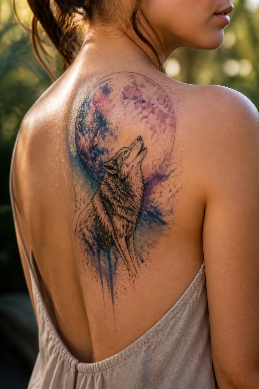 Woman's back with wolf howling at vibrant watercolor moon tattoo