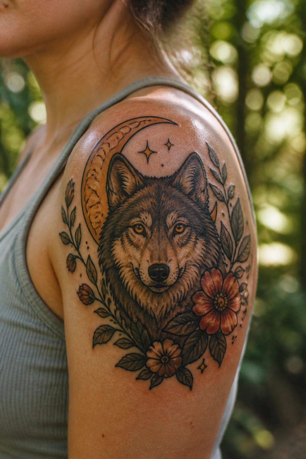 Wolf tattoo with crescent moon, stars, and flowers on shoulder in gray tank top
