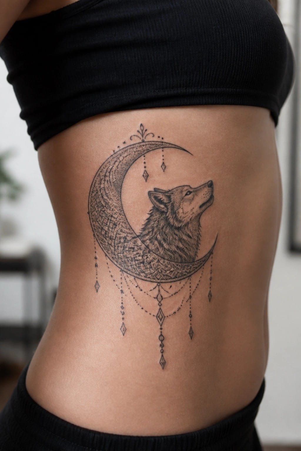 Black and grey tattoo of a wolf head inside a crescent moon with hanging beads and diamond shapes on the side torso.