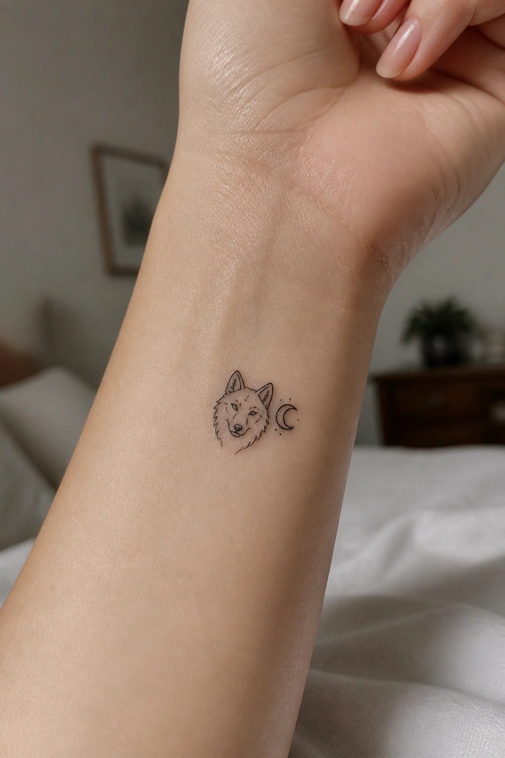 Small fine line wolf head with crescent moon tattoo on inner wrist