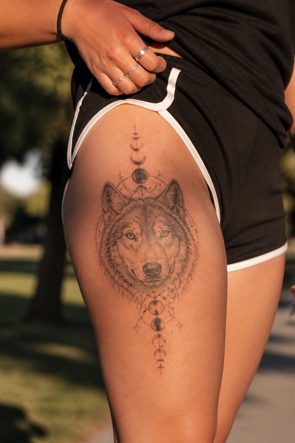 Realistic black and gray wolf head tattoo on the upper thigh with moon phases arranged vertically above and below the wolf.