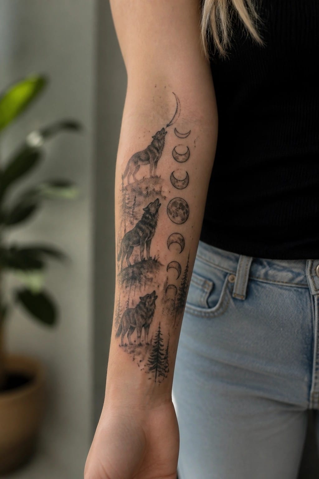 Black and gray tattoo of three howling wolves and moon phases on forearm
