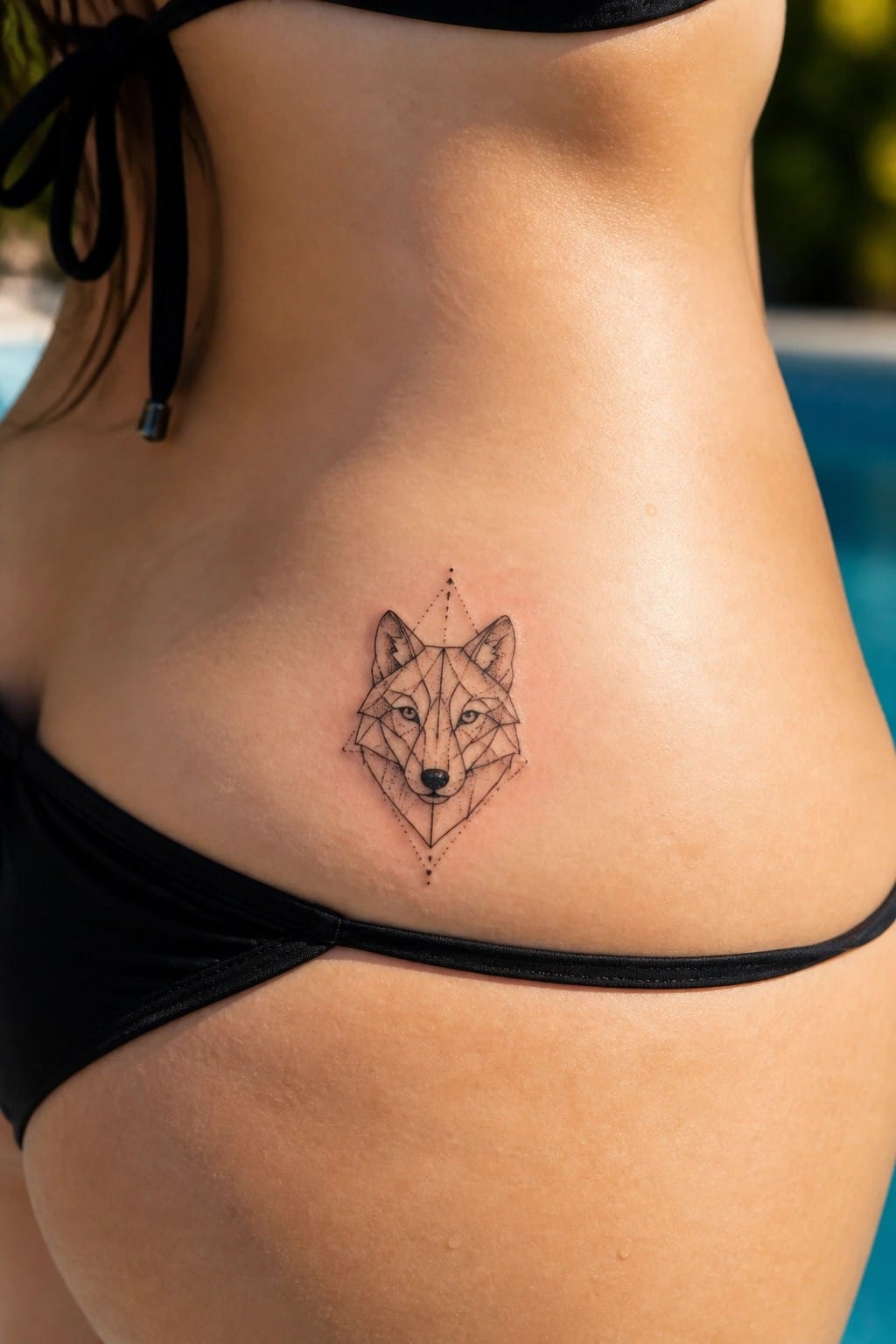 Geometric wolf head tattoo in black line art on a woman's lower back near the hip bone
