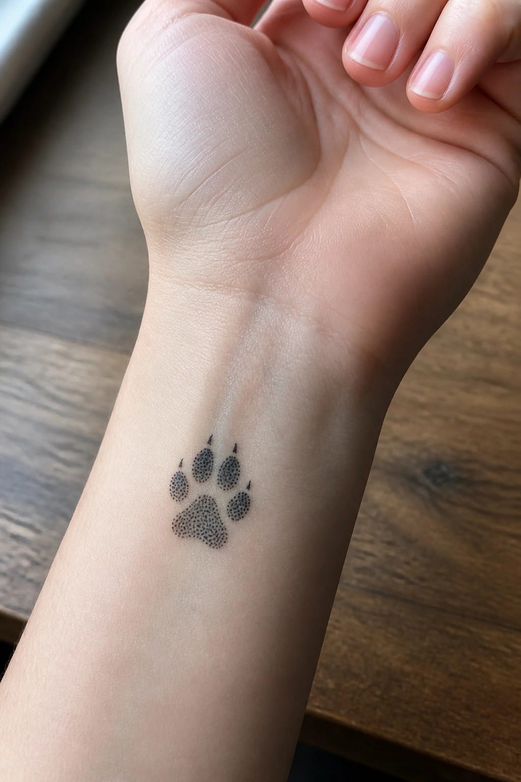 Small black dotwork wolf paw print tattoo on the inner wrist of a person's hand.