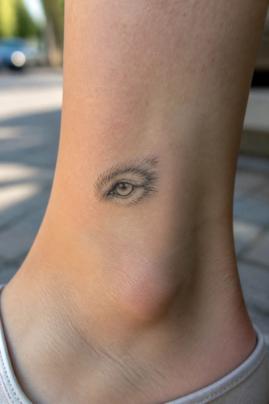 Small realistic eye tattoo on light-skinned ankle above white shoe.