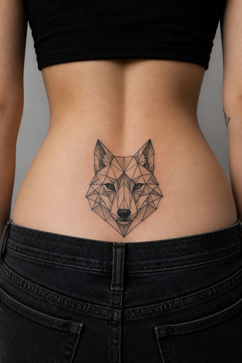 Geometric wolf head tattoo centered on a woman's lower back above the waistband of dark jeans
