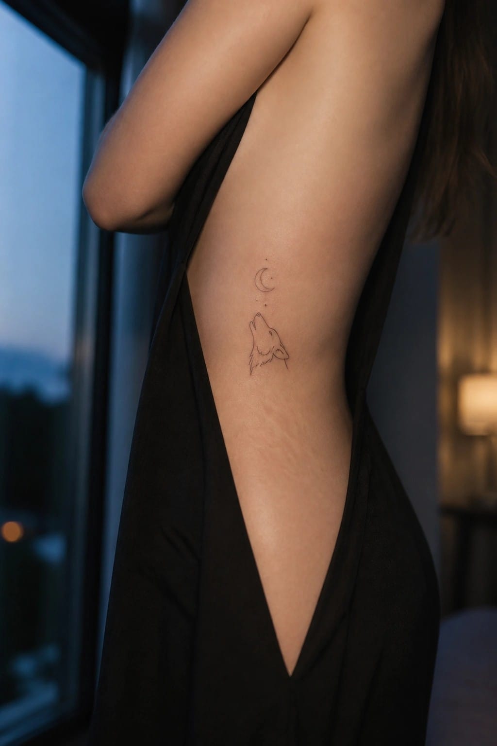 Minimalist line art tattoo of a wolf howling at a crescent moon placed on the side of a woman's torso