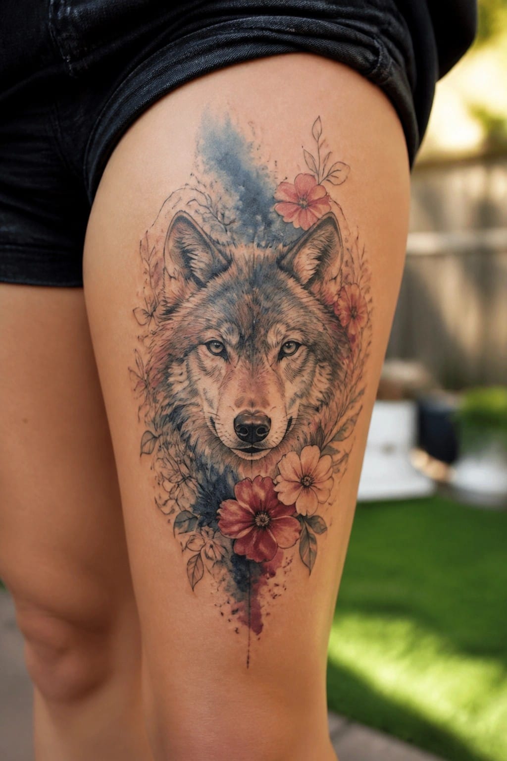 Watercolor wolf tattoo with red flowers on thigh below black shorts