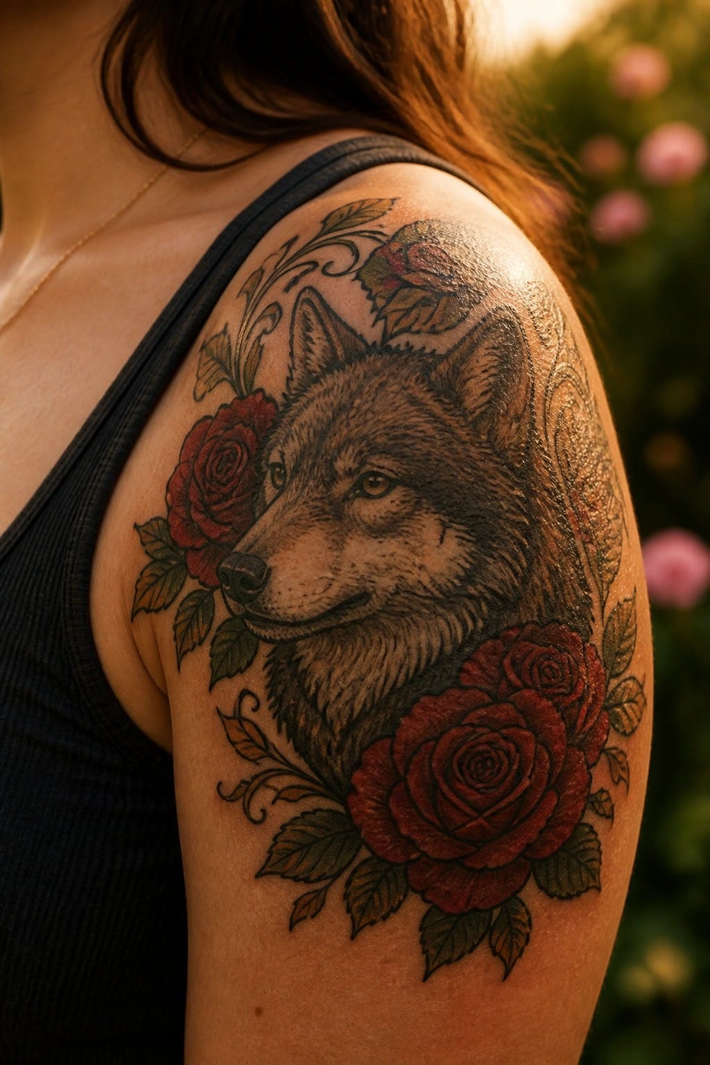Wolf head tattoo with red roses on shoulder in black tank top
