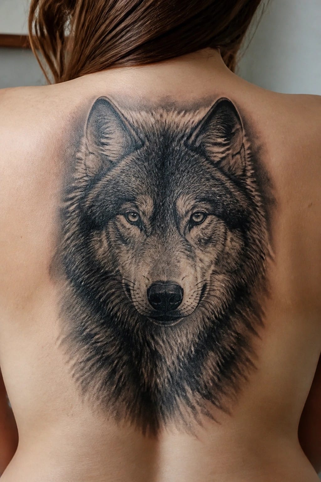 Detailed black-and-gray wolf head tattoo covering bare upper back.
