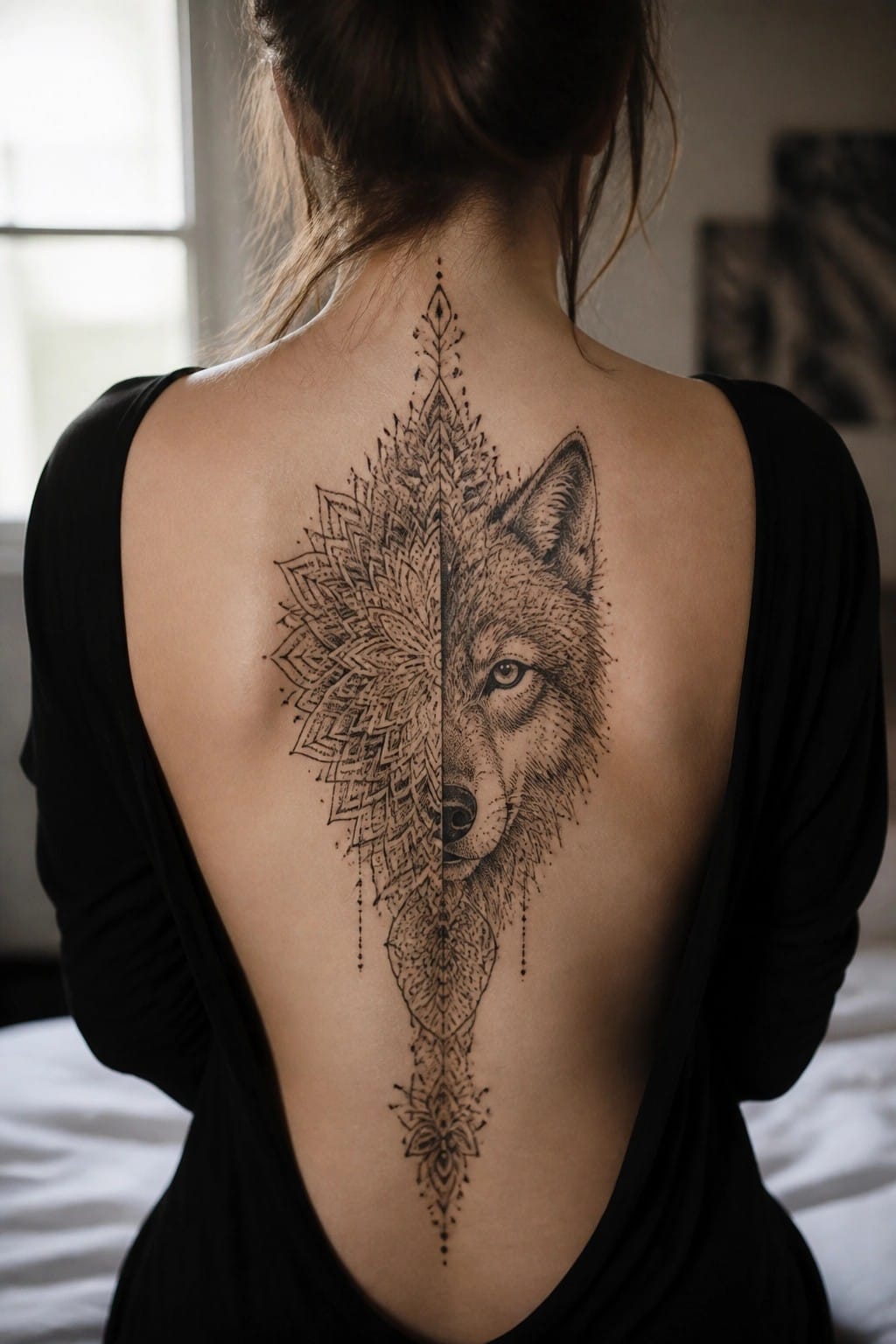 Woman’s back showing a large black and grey wolf head tattoo merged with mandala patterns running down the spine.