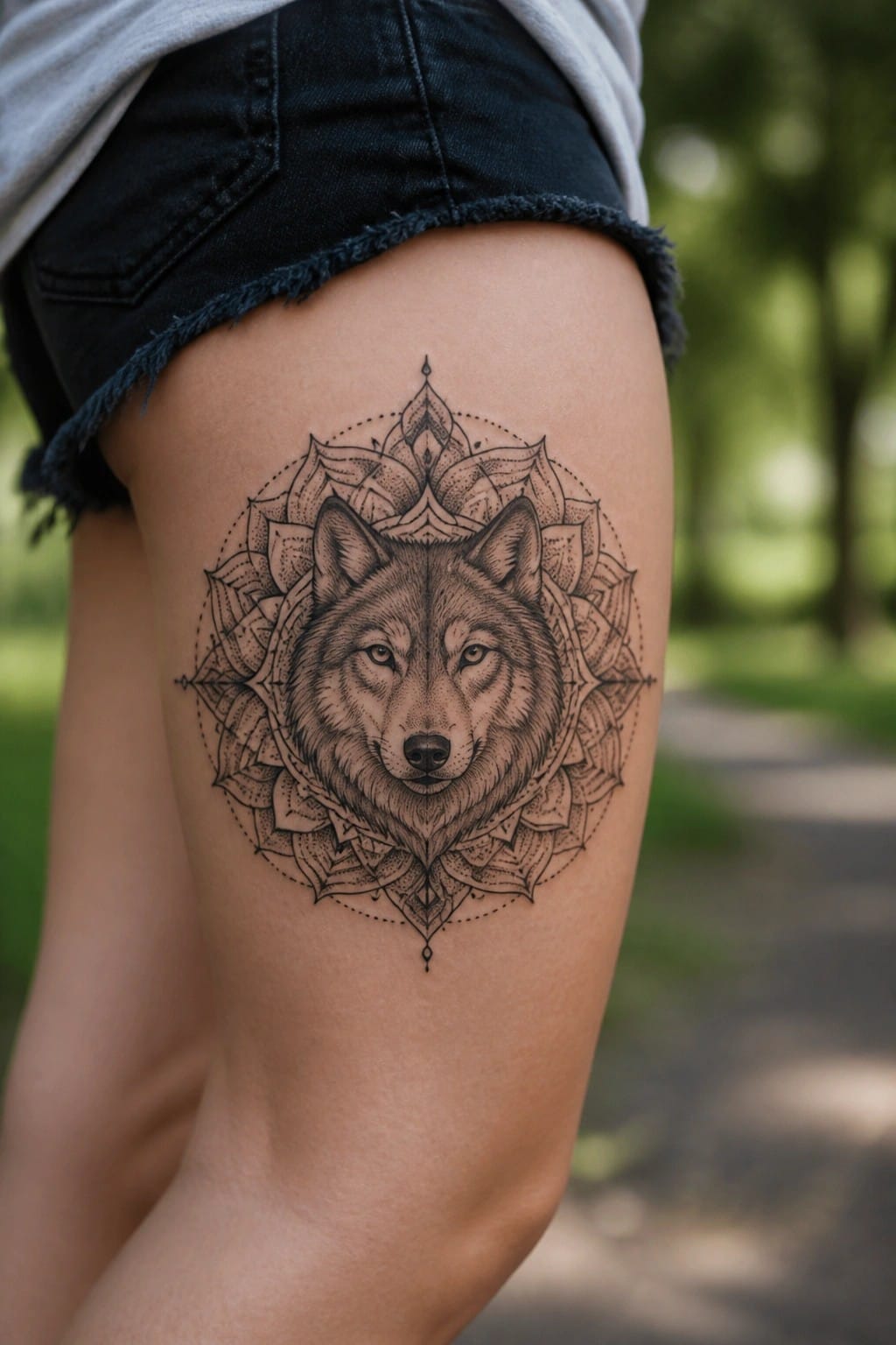 Black and grey wolf head tattoo centered inside a mandala pattern on the upper thigh.