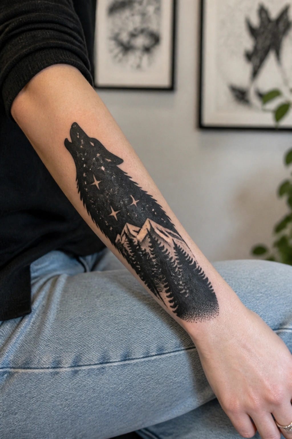 Blackwork wolf tattoo on inner forearm with stars inside the wolf and mountains at the base