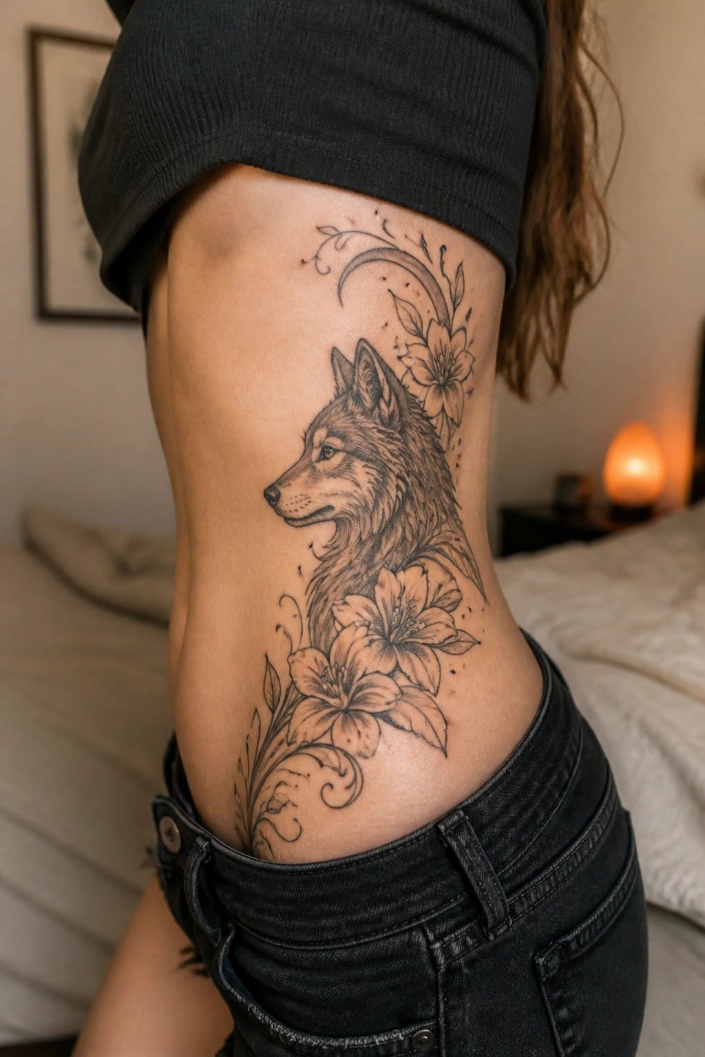 Wolf and flower tattoo on side torso above black jeans and crop top