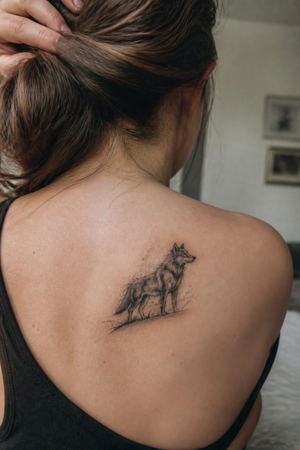 Black and gray wolf tattoo on a woman's upper back shoulder blade, shown in profile with minimal ground lines.