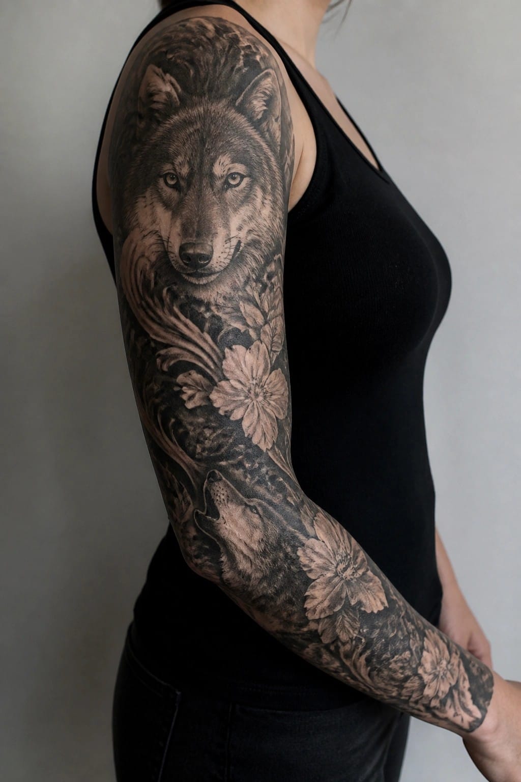 Woman's full arm sleeve tattoo showing two wolves and flowers in realistic black and gray style