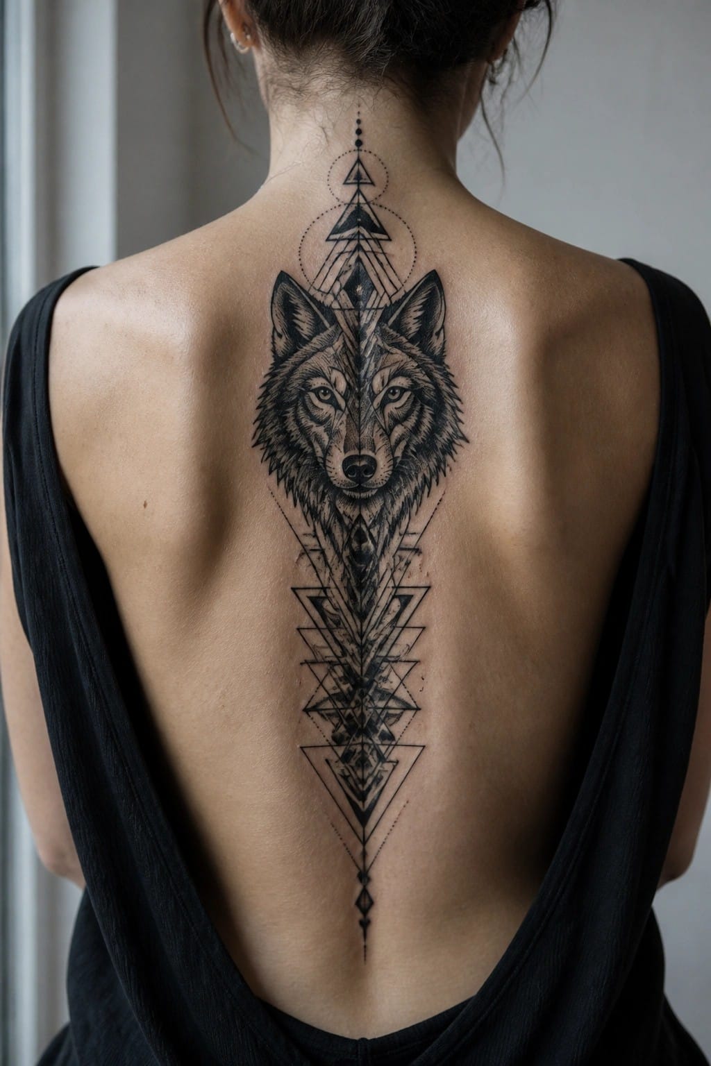 Woman's back with large black wolf tattoo and geometric patterns.