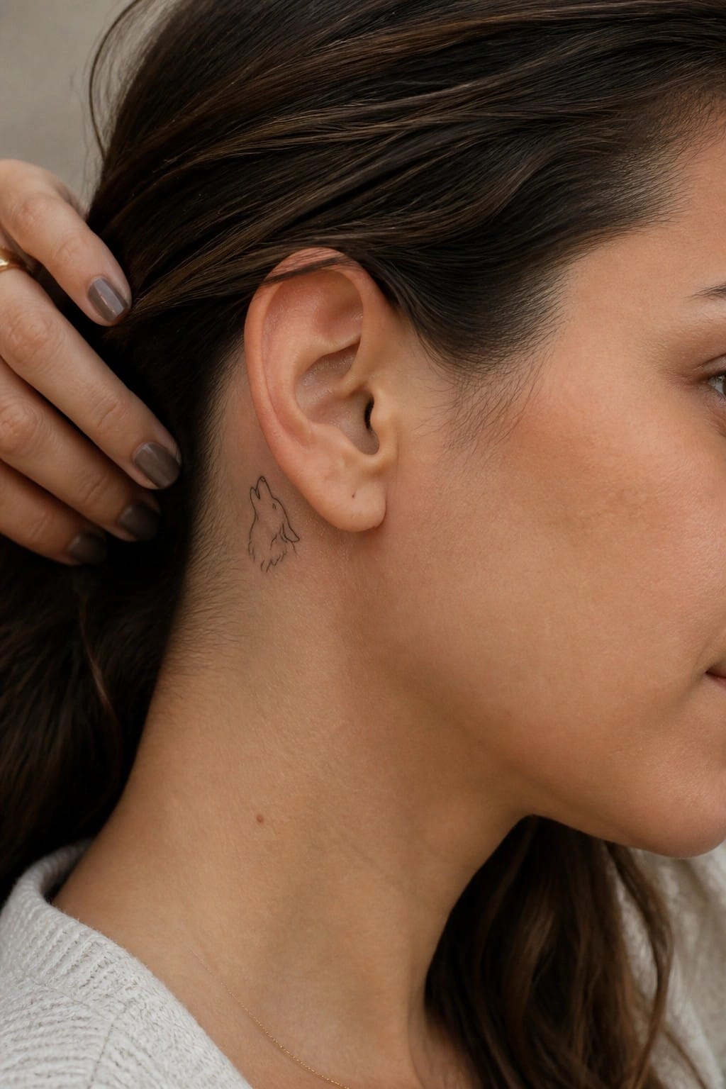 Woman with small wolf tattoo behind ear holds back dark hair in white sweater