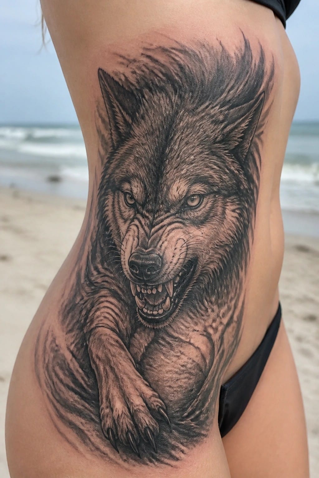 Detailed black-and-gray snarling wolf tattoo on hip at beach