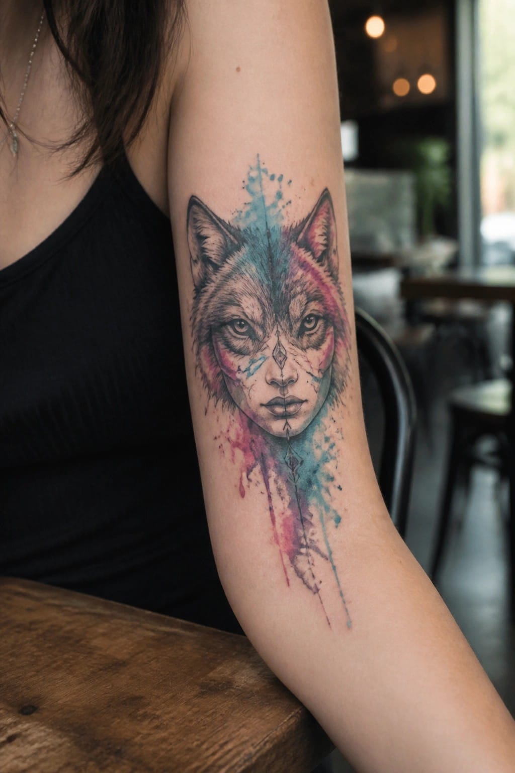 Watercolor wolf-woman hybrid tattoo on upper arm above black tank top