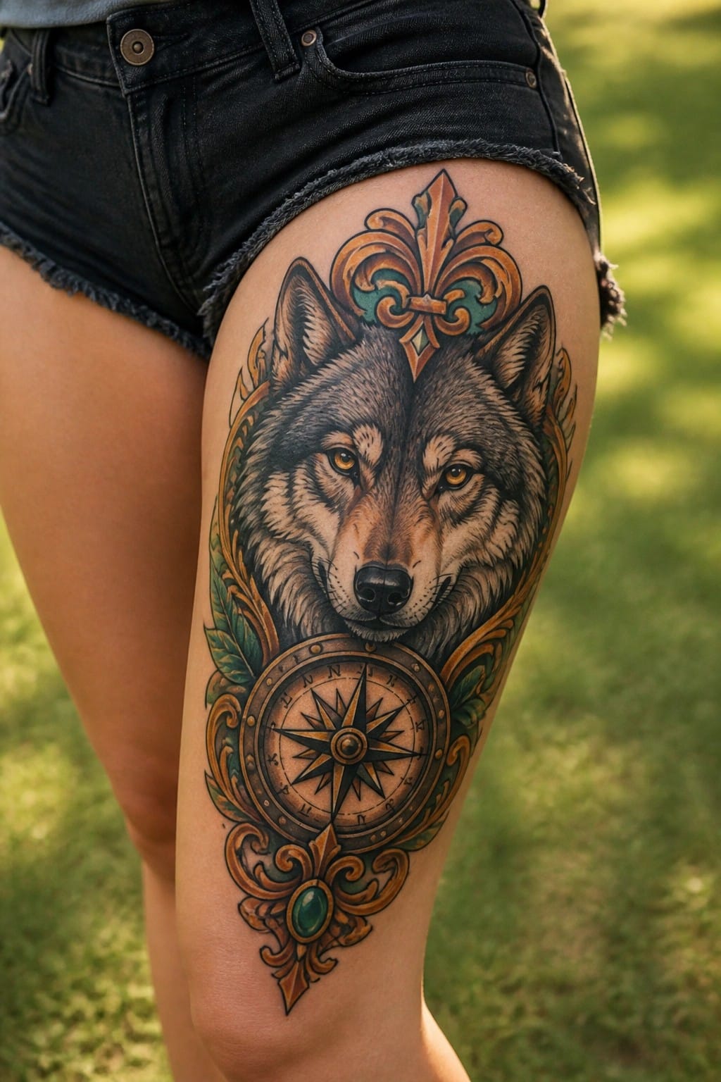 Realistic wolf head tattoo on a woman's upper thigh with a compass below and decorative elements above.