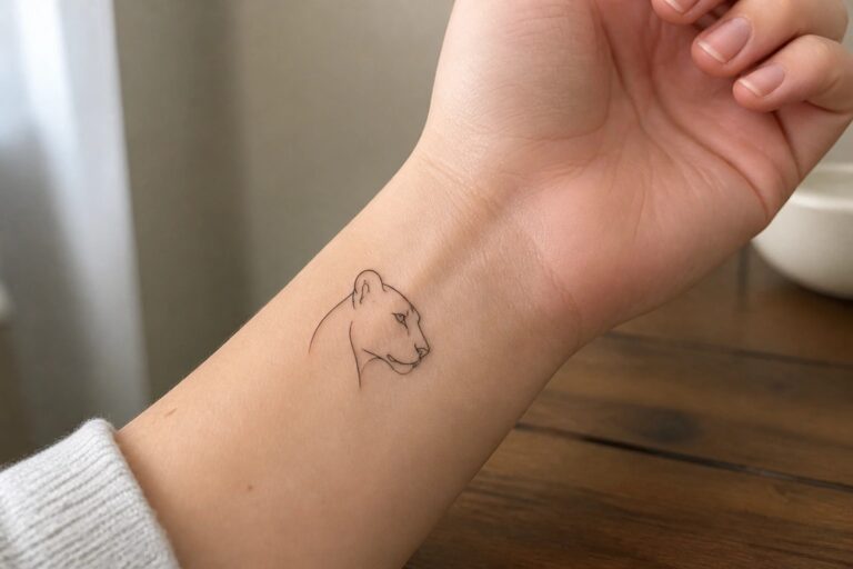 22 Minimalist Lioness Tattoo Ideas for Women in Clean Lines and Simple Black Ink Minimalist black line tattoo of a lioness head on the inner wrist