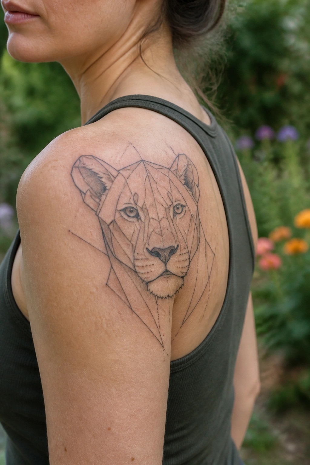 Geometric lion tattoo on woman's shoulder, dark green tank top in garden.