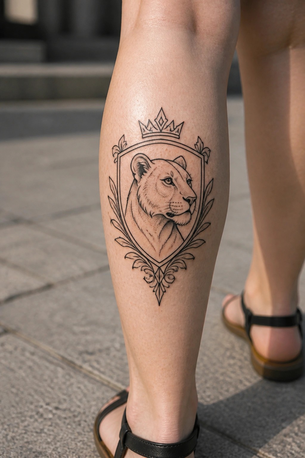 Minimalist black ink lioness tattoo inside a crowned shield crest placed on the calf.