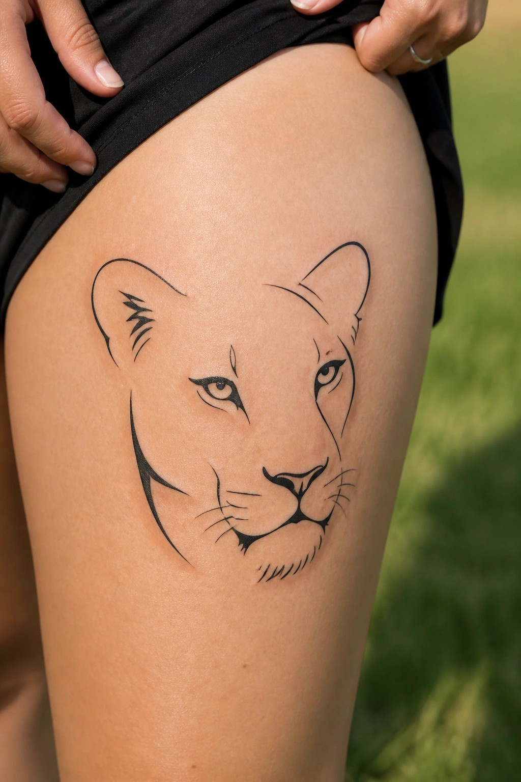 Minimalist black line drawing of a lioness face tattooed on a woman's upper thigh in simple outline style.