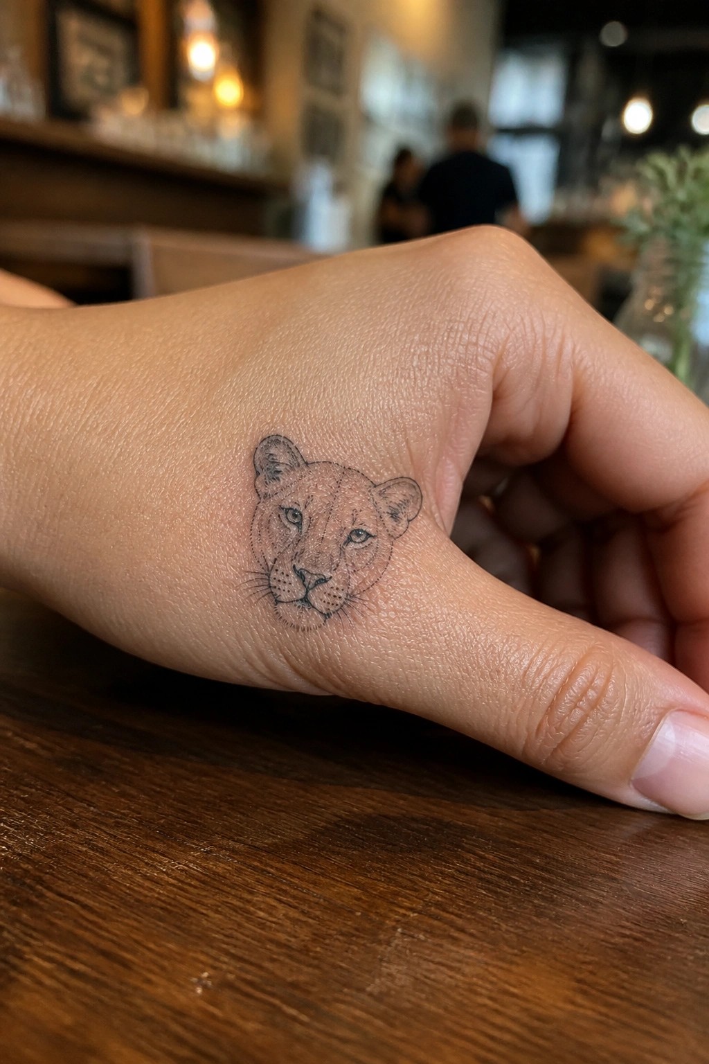 Hand with fine-line lioness face tattoo resting on wooden table in cafe