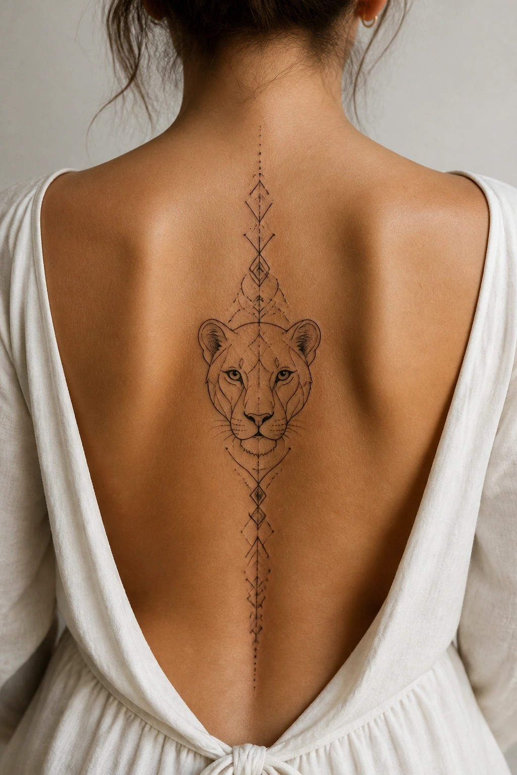 Woman's back with lion head and geometric spine tattoo in white open-back dress