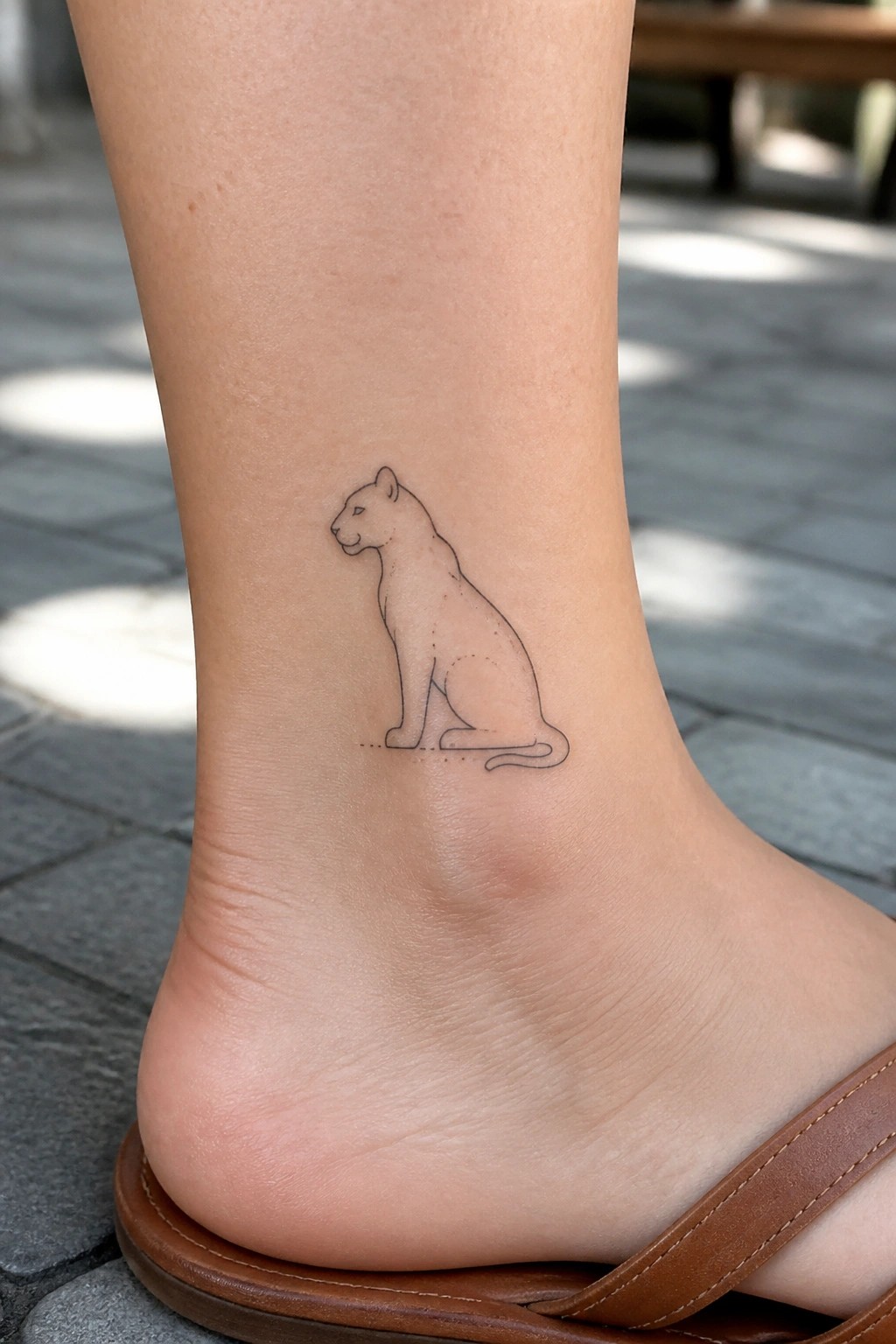 Minimalist black line tattoo of a sitting lioness on the ankle with small dots for detail