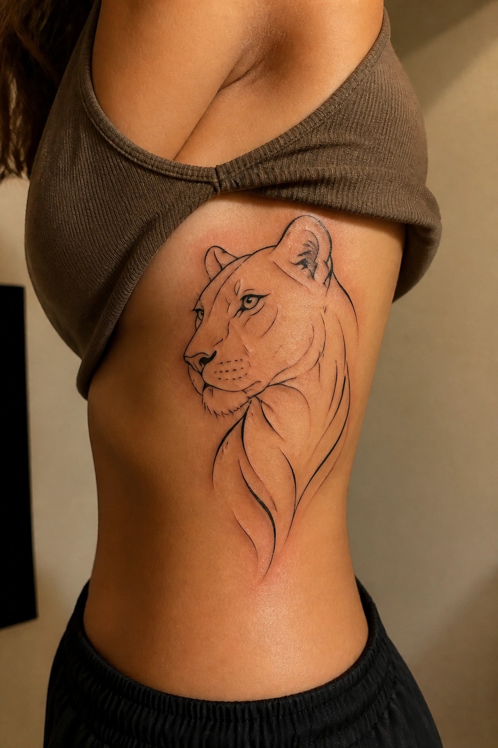 Lioness tattoo on a woman's side beneath a brown crop top.