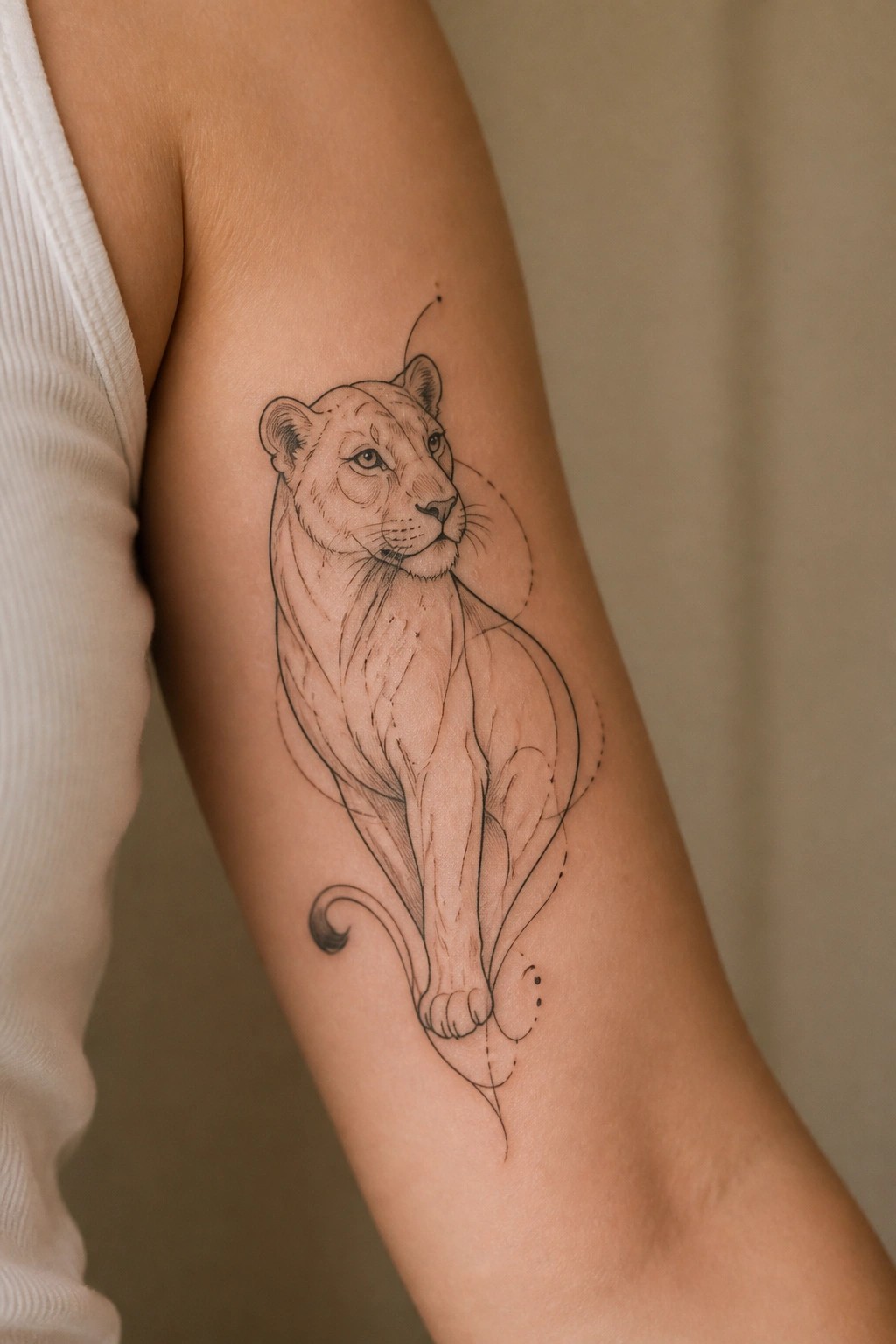 Black line lioness tattoo on upper arm beside white sleeveless top.