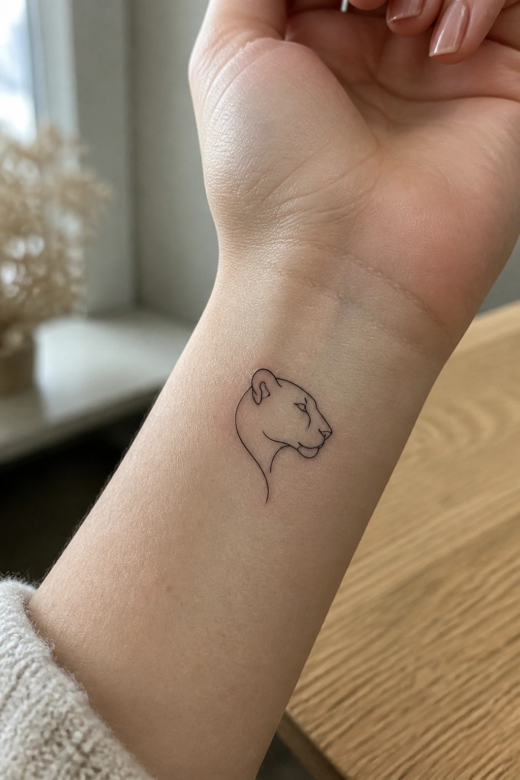 Minimalist black line tattoo of a lioness head on the inner wrist